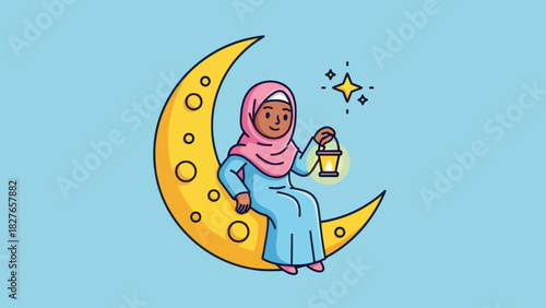 An adorable cartoon Muslim girl wearing a pink hijab and blue dress, peacefully sitting on a large crescent moon while holding a glowing lantern, with stars twinkling nearby.