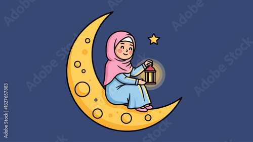 A cartoon illustration of a girl wearing a hijab sitting on a crescent moon holding a lantern.