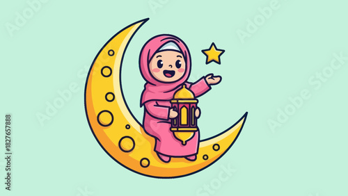 Cartoon illustration of a young girl in hijab sitting on a crescent moon, holding a lantern and reaching for a star.