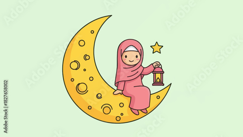 Cartoon illustration of a girl wearing a hijab sitting on a crescent moon, holding a lantern, with a star in the background.