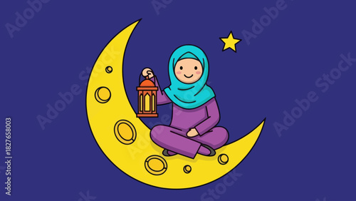A cute cartoon illustration of a Muslim girl in a hijab sitting on a crescent moon holding a Ramadan lantern.