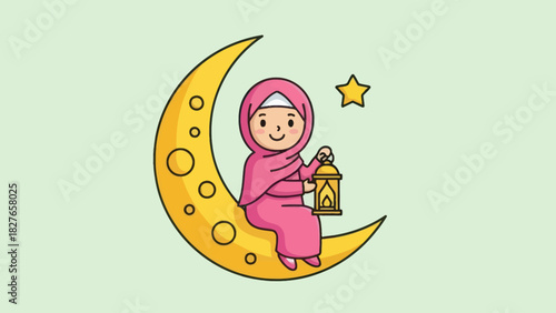 A cute cartoon Muslim girl wearing a pink hijab sits on a crescent moon, holding a traditional lantern.