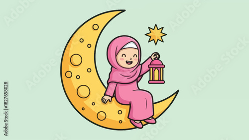 Smiling cartoon girl wearing a pink hijab sits on a crescent moon, holding a traditional lantern under a star.