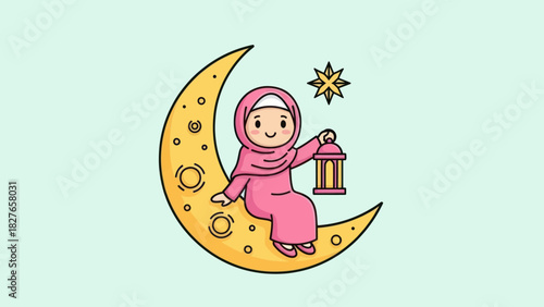 A cartoon illustration of a girl wearing a hijab sitting on a crescent moon holding a lantern.