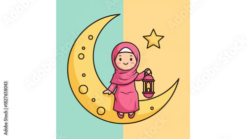 Cartoon illustration of a girl in hijab sitting on a crescent moon, holding a lantern, with a star in the background.