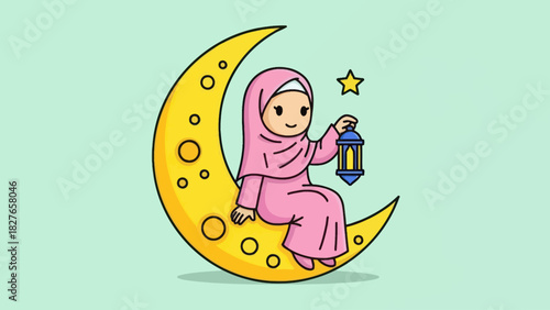 Cartoon illustration of a girl in a pink hijab sitting on a crescent moon, holding a lantern next to a star.