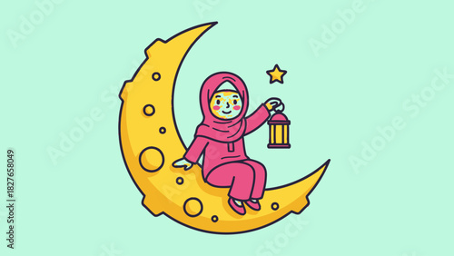 A cute cartoon Muslim girl in a pink hijab sits on a crescent moon holding a Ramadan lantern.