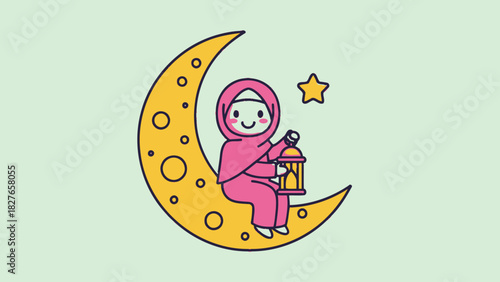 A cartoon illustration of a girl in hijab sitting on a crescent moon holding a lantern.