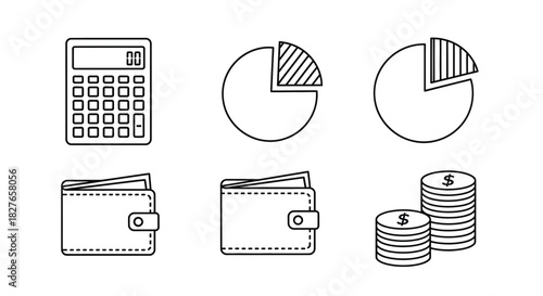 Financial planning tools with calculator charts and coin stacks