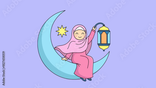 A cartoon illustration of a smiling Muslim girl in a pink hijab sitting on a crescent moon, holding a lantern with a star nearby.