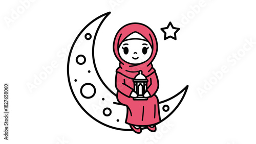 A cute cartoon Muslim girl in a pink hijab sitting on a crescent moon holding a Ramadan lantern.