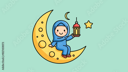 A cute Muslim girl in a blue hijab sits on a crescent moon holding a Ramadan lantern.