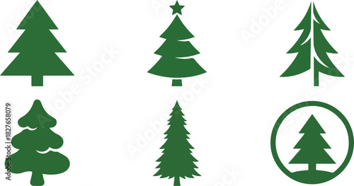 Set of 6 Christmas Tree Icons, Green Silhouettes of Various Modern and Minimalist Pine Tree Shapes. Flat Vector Illustration Isolated on White Background