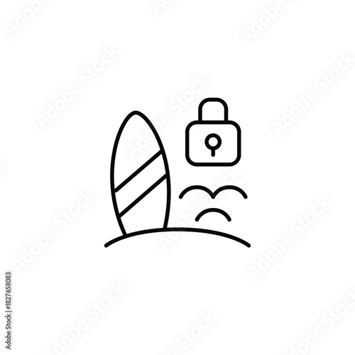 Surfboard on beach, waves and lock. Secure vacation and holidays. Pixel perfect, editable stroke vector icon