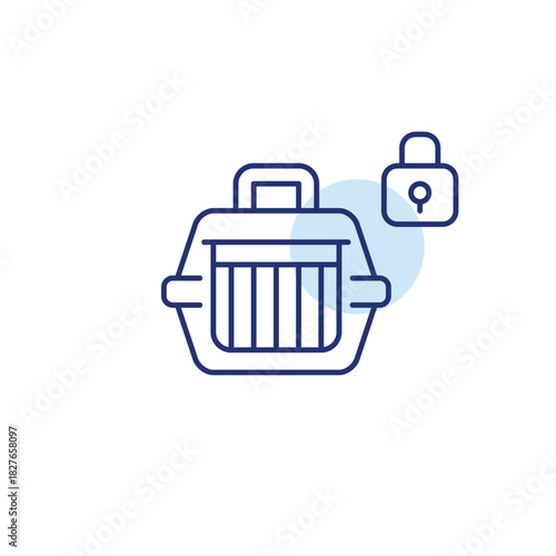 Pet carrier and lock. Secure dog transportation, cat travel. Pixel perfect, editable stroke vector icon