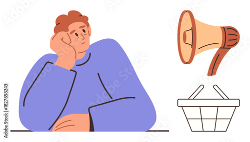 Pensive man resting on hand, loudspeaker symbolizing marketing strategy, shopping basket for consumerism. Ideal for advertising, decision-making, commerce, business, strategy, marketing branding