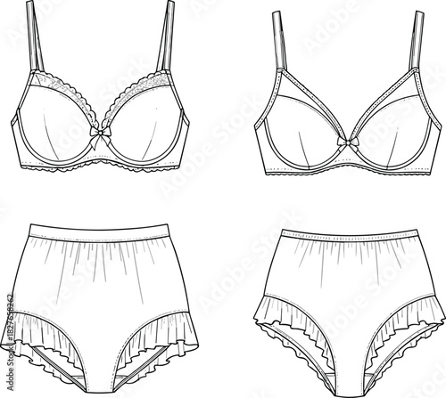 Elegant women’s lingerie vector set featuring detailed bra and panty designs with lace trim, feminine fashion elements, sewing lines, and garment construction illustration.