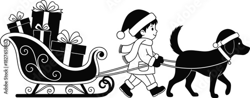 Festive Christmas vector illustration of child pulling gift-filled sleigh with cheerful dog wearing holiday hat, perfect for seasonal greeting designs.