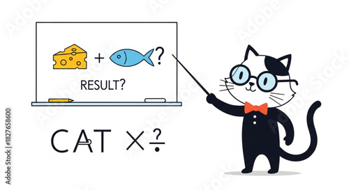 Funny cat teacher presents cheese plus fish riddle on whiteboard, inspiring fun learning and creative thinking for kids and adults alike, playful