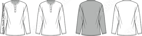Long sleeve henley shirt technical fashion sketch showing front and back views, detailed garment flat drawing for apparel design templates