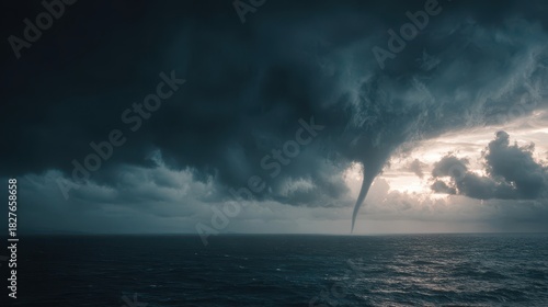 Dramatic Waterspout Vortex Descends from Ominous Storm Clouds as Sunlight Pierces the Gloom Over a Turbulent Ocean.