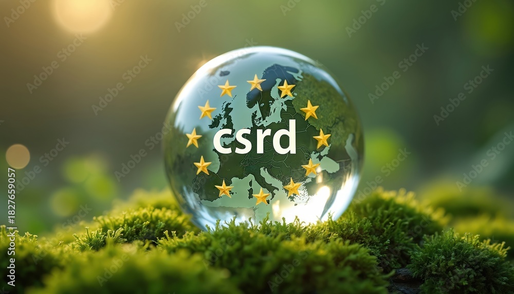 Obraz premium Transparent globe shows EU map, CSRD text. European Union stars circle letters. Rests on vibrant green moss with sunlight bokeh. Represents eco-friendly business, sustainable policy, corporate
