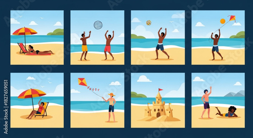 Vibrant summer beach vacation scenes with people relaxing, playing volleyball, building sandcastles, and flying kites in sunny weather for travel concepts