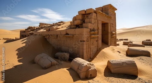 Ancient desert ruins partially buried in sand under a blue sky