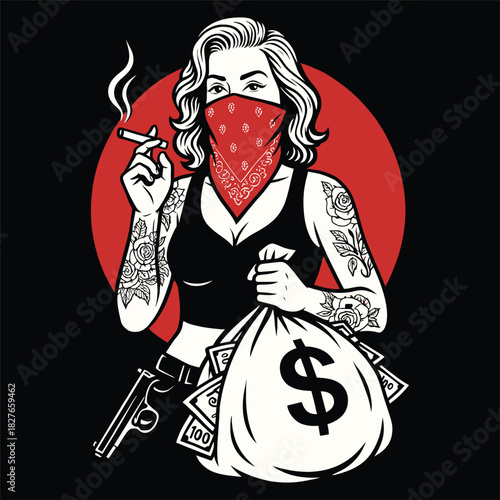 Tattooed Pin-up Woman with Money Bag, Pistol, and Cigarette