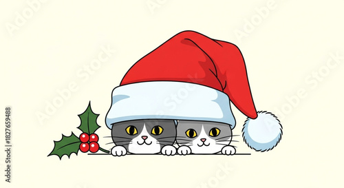 Adorable cats wearing Santa hats peek over a ledge, perfect for holiday greetings and whimsical designs that spread Christmas cheer and festive joy
