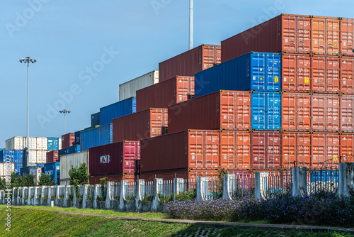 Marine containers piled up at the dock