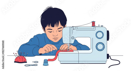 Young boy learning to sew with vintage machine, crafting projects at home with focus and determination, a creative outlet for kids and future designers