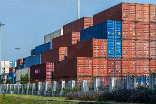 Marine containers piled up at the dock