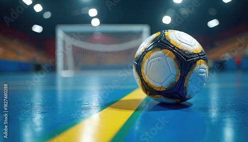 Futsal ball lies on court in foreground near goal. Indoor soccer game equipment placed inside sports arena. Goal net is blurred in hall. Floor has blue and yellow line.