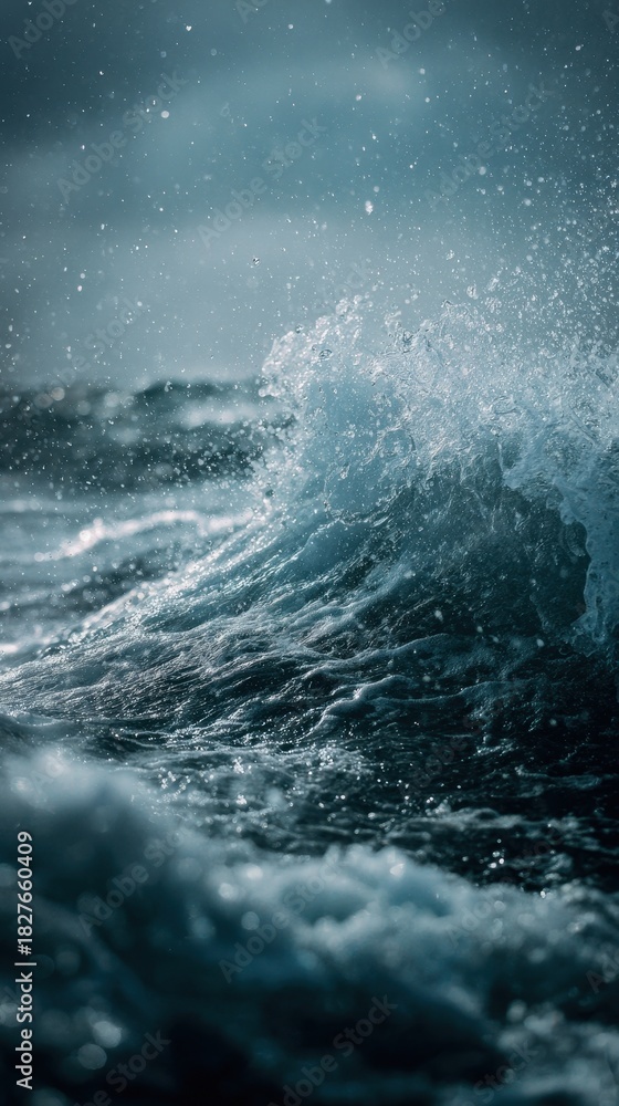 Fototapeta premium Dramatic Ocean Waves Crashing Under a Stormy Sky, Moody and Powerful.