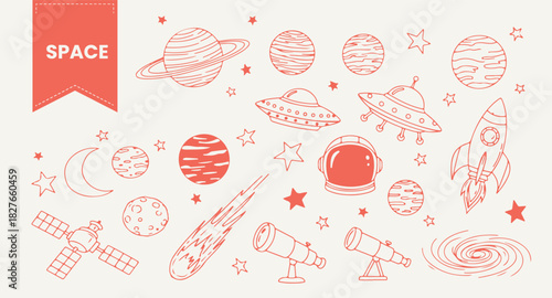 Hand Drawn Space Vector Set | Outline Illustration Pack of Planets, Rocket, UFO, Satellite, Meteor, and Telescope for Astronomy and Science Design.