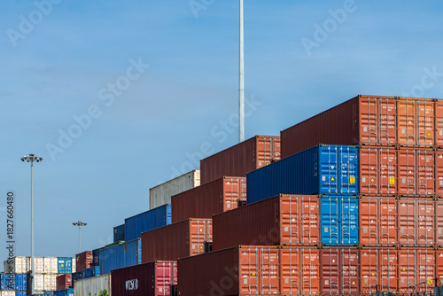 Marine containers piled up at the dock