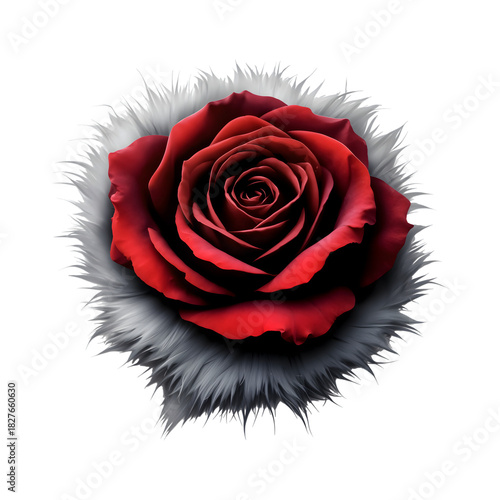 A highly detailed, vibrant red rose blossom centered on a circle of soft, spiky grey or white fur or feathers. Dramatic floral illustration on white background