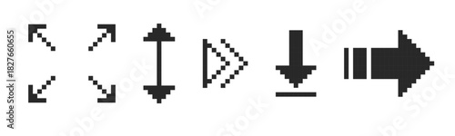 Pixel arrow set. Pixel art different directions 8 bit gaming console style sign. Interface icon. Collection