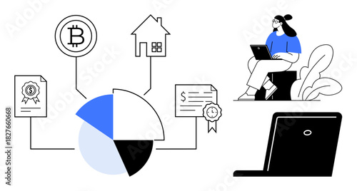 Blockchain technology. Blockchain trend emphasizing Bitcoin, smart contracts, and digital assets thumbs up tokenized real estate. Blockchain integration in finance, security, real estate