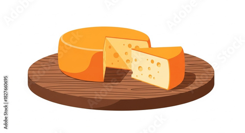 Appetizing cheese wheel with a slice cut out on a wooden board, perfect for culinary projects, food blogs, and illustrating cheese making processes