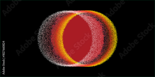 Dark digital background featuring a central, radiant, eye-like or spherical form with an inner solid deep red core, surrounded by concentric elliptical rings 