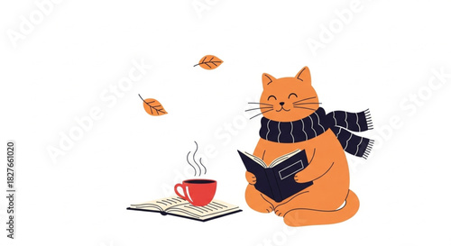 Adorable orange cat reading a book and drinking coffee on a cozy autumn day, perfect for lifestyle, pet, or seasonal designs, promoting warmth and relaxation