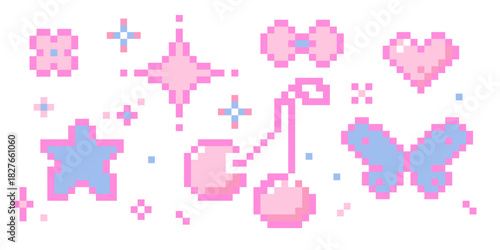 Cute pixel border nice pink pixel decoration. Y2k retro game 8 bit flower blossom, stars sparkles, butterfly, heart and cherry. Whimsical sparkling shining stars emoji,