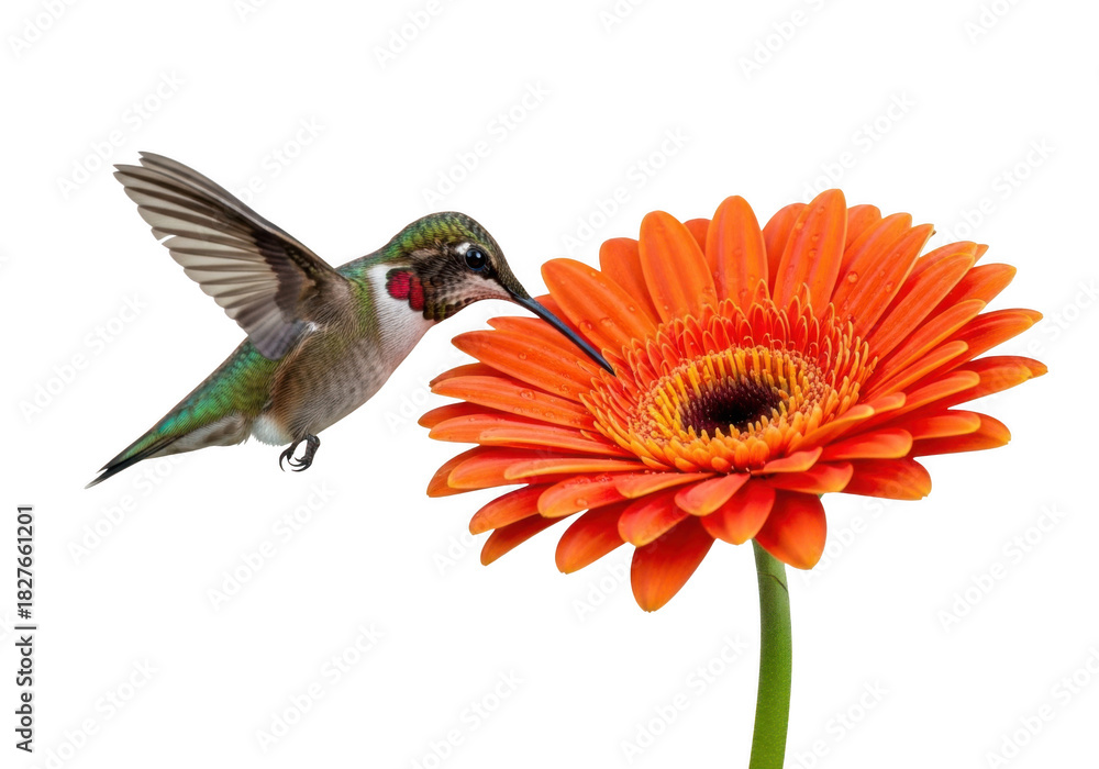 Fototapeta premium Ruby throated hummingbird flying to orange gerbera flower nectar isolated on transparent background