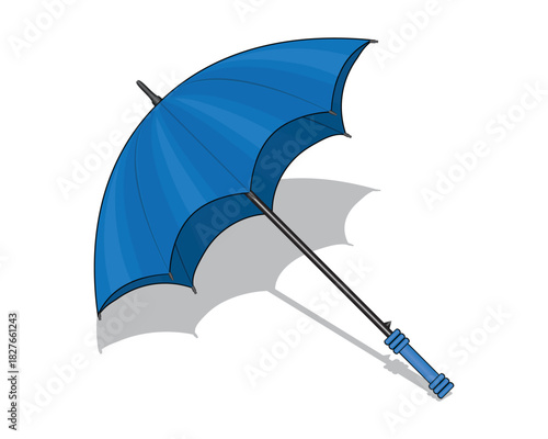 vector design of a blue umbrella with a black handle that appears to be in a position on the floor or a white background