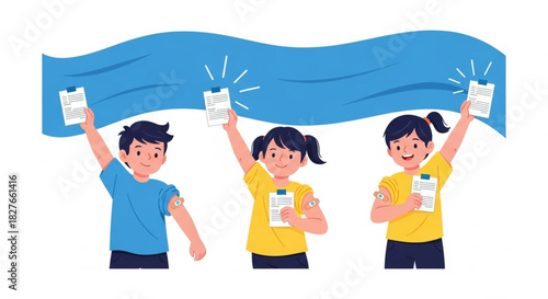 Happy kids proudly showing their vaccination records after getting vaccinated, celebrating health and safety with smiles and carefree joy