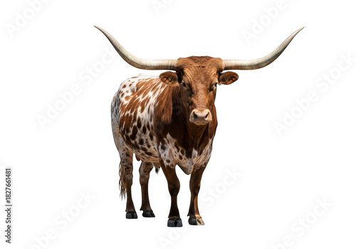 Majestic texas longhorn steer with impressive horns, brown and white spotted coat, farm animal, livestock, cattle, isolated on transparent background