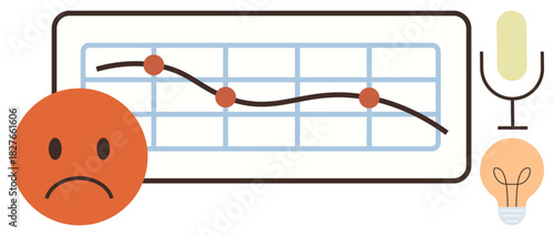 Downward sloping line graph with grid, sad face, microphone, and lightbulb. Ideal for analytics, performance, recession, speech, innovation failure problem-solving scenarios simple flat metaphor