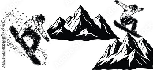 Snowboarders performing aerial tricks over mountain peaks, dynamic winter sports action in scenic black white illustration, extreme adventure theme, flat vector